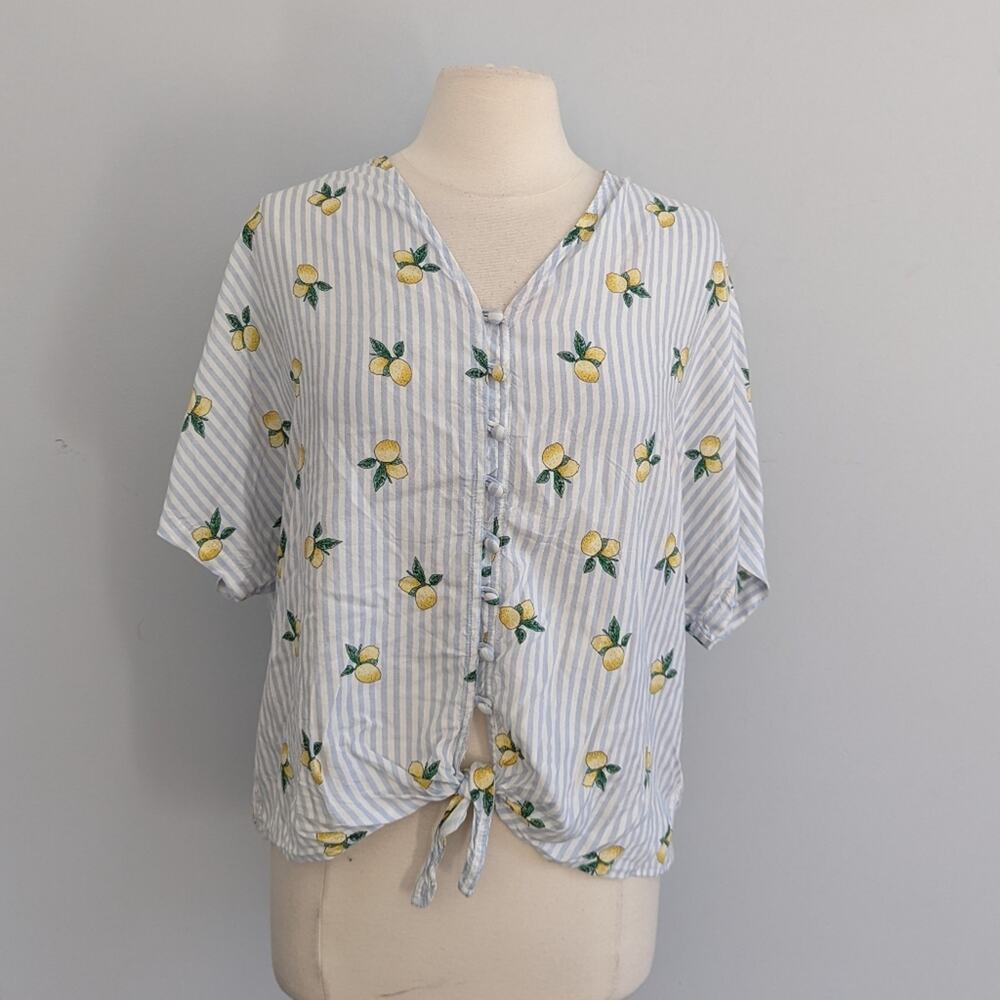Women's BLL Lemon Stripe Preppy Knot Front Blouse Large
